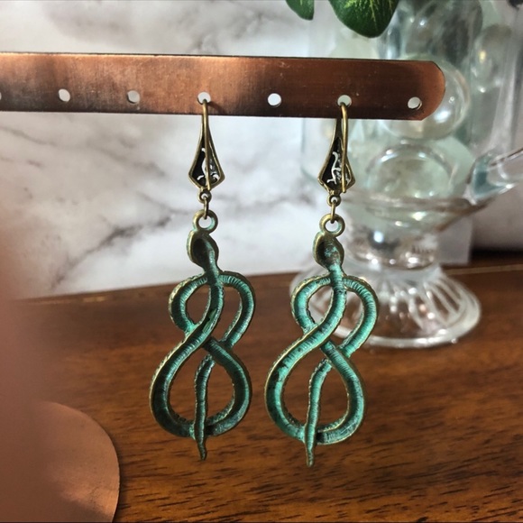 SOLD!! Verdigris Infinity Snake Earrings - Picture 2 of 15